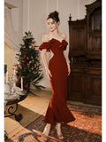 Tineit Pretty Mermaid Off The Shoulder Burgundy Satin Long Prom Dresses Party Evening Dress (PRE-ORDER)