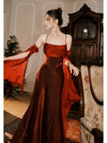 Tineit Pretty Mermaid Spaghetti Straps Burgundy Long Prom Dresses Party Evening Dress (PRE-ORDER)