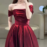 Tineit Pretty A line Off The Shoulder Burgundy Satin Long Prom Dresses Party Evening Dress (PRE-ORDER)