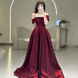 Tineit Pretty A line Off The Shoulder Burgundy Satin Long Prom Dresses Party Evening Dress (PRE-ORDER)