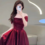 Tineit Pretty A line Off The Shoulder Burgundy Satin Long Prom Dresses Party Evening Dress (PRE-ORDER)