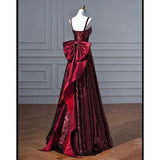 Tineit Pretty A line Spaghetti Straps Burgundy Sequin Long Prom Dresses Party Evening Dress (PRE-ORDER)