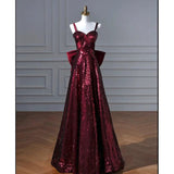 Tineit Pretty A line Spaghetti Straps Burgundy Sequin Long Prom Dresses Party Evening Dress (PRE-ORDER)