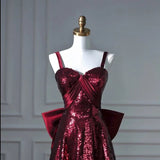 Tineit Pretty A line Spaghetti Straps Burgundy Sequin Long Prom Dresses Party Evening Dress (PRE-ORDER)