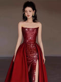 Tineit Sexy Mermaid Red Sleeveless Long Sequin Slit Prom Dress Evening Dresses (PRE-ORDER)