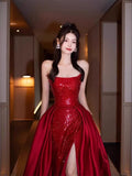 Tineit Sexy Mermaid Red Sleeveless Long Sequin Slit Prom Dress Evening Dresses (PRE-ORDER)