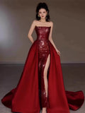 Tineit Sexy Mermaid Red Sleeveless Long Sequin Slit Prom Dress Evening Dresses (PRE-ORDER)