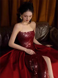 Tineit Sexy Mermaid Red Sleeveless Long Sequin Slit Prom Dress Evening Dresses (PRE-ORDER)