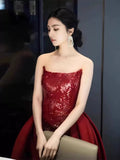 Tineit Sexy Mermaid Red Sleeveless Long Sequin Slit Prom Dress Evening Dresses (PRE-ORDER)