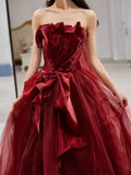 Tineit Pretty A line Strapless Burgundy Tulle Long Prom Dresses Party Evening Dress (PRE-ORDER)