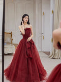 Tineit Pretty A line Strapless Burgundy Tulle Long Prom Dresses Party Evening Dress (PRE-ORDER)