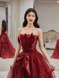 Tineit Pretty A line Strapless Burgundy Tulle Long Prom Dresses Party Evening Dress (PRE-ORDER)