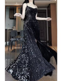 Tineit Pretty Sheath Spaghetti Straps Sequin Black Slit Long Prom Dresses Party Evening Dress (PRE-ORDER)