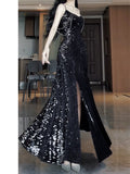 Tineit Pretty Sheath Spaghetti Straps Sequin Black Slit Long Prom Dresses Party Evening Dress (PRE-ORDER)