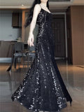 Tineit Pretty Sheath Spaghetti Straps Sequin Black Slit Long Prom Dresses Party Evening Dress (PRE-ORDER)