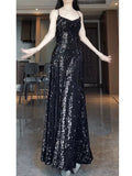 Tineit Pretty Sheath Spaghetti Straps Sequin Black Slit Long Prom Dresses Party Evening Dress (PRE-ORDER)