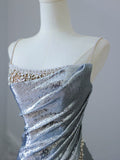 Tineit Pretty Mermaid Spaghetti Straps Sequin Blue Long Prom Dresses Party Evening Dress (PRE-ORDER)