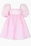 Tineit Fairy Dress Female Sweet Puff Sleeves Mesh Square Collar Princess Homecoming Dress (PRE-ORDER)