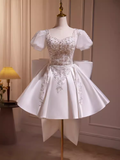 Tineit Cute Ball Gown Short Sleeves White Satin Party Dress Homecoming Dresses (PRE-ORDER)