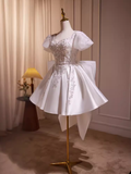 Tineit Cute Ball Gown Short Sleeves White Satin Party Dress Homecoming Dresses (PRE-ORDER)