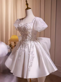 Tineit Cute Ball Gown Short Sleeves White Satin Party Dress Homecoming Dresses (PRE-ORDER)