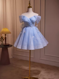 Tineit Elegant Ball Gown Off The Shoulder Tulle Party Dress Blue Homecoming Dresses (PRE-ORDER)