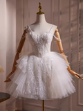 Tineit Elegant Ball Gown Spaghetti Straps Tulle Party Dress White Homecoming Dresses (PRE-ORDER)