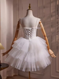 Tineit Elegant Ball Gown Spaghetti Straps Tulle Party Dress White Homecoming Dresses (PRE-ORDER)