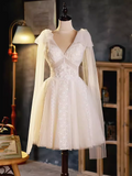 Tineit Elegant Ball Gown V Neckline Tulle Party Dress Lace White Homecoming Dresses (PRE-ORDER)