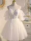 Tineit Elegant Ball Gown Straps Tulle Party Dress White Homecoming Dresses (PRE-ORDER)