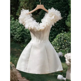 Tineit Elegant A Line V Neckline Tulle Birthday Dress White Homecoming Dress (PRE-ORDER)