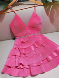 Tineit Simple A line Spaghetti Straps Pink Birthday Dress Chiffon Homecoming Dresses (PRE-ORDER)