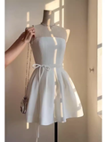 Tineit Simple A line Strapless White Birthday Dress Satin Homecoming Dresses (PRE-ORDER)