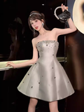 Tineit Vintage A line Strapless Gray Satin Homecoming Dress th Birthday Outfits (PRE-ORDER)