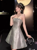 Tineit Vintage A line Strapless Gray Satin Homecoming Dress th Birthday Outfits (PRE-ORDER)