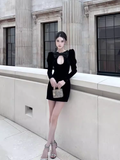 Tineit Elegant Sheath Long Sleeves Black Velvet th Birthday Dress Short Homecoming Dresses (PRE-ORDER)