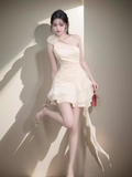 Tineit Simple A-Line One Shoulder White Short Birthday Outfits Homecoming Dress (PRE-ORDER)