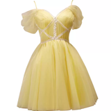 Tineit Elegant A Line Yellow Birthday Outfits Tulle Short Sleeves Homecoming Dresses (PRE-ORDER)