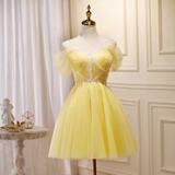 Tineit Elegant A Line Yellow Birthday Outfits Tulle Short Sleeves Homecoming Dresses (PRE-ORDER)