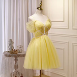 Tineit Elegant A Line Yellow Birthday Outfits Tulle Short Sleeves Homecoming Dresses (PRE-ORDER)