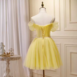 Tineit Elegant A Line Yellow Birthday Outfits Tulle Short Sleeves Homecoming Dresses (PRE-ORDER)