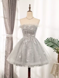 Tineit Elegant Ball Gown Strapless Gray Birthday Outfits Tulle Homecoming Dresses (PRE-ORDER)