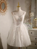 Tineit Cute Ball Gown Straps White Birthday Outfits Tulle Lace Homecoming Dresses (PRE-ORDER)