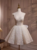 Tineit Simple A line Short Birthday Dress Lace White Homecoming Dresses With Bowknot (PRE-ORDER)