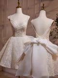 Tineit Simple A line Short Birthday Dress Lace White Homecoming Dresses With Bowknot (PRE-ORDER)