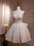 Tineit Simple A line Short Birthday Dress Lace White Homecoming Dresses With Bowknot (PRE-ORDER)