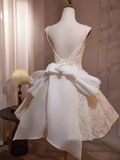 Tineit Simple A line Short Birthday Dress Lace White Homecoming Dresses With Bowknot (PRE-ORDER)