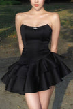 Tineit Chic Strapless Black Satin Short Prom Dresses Layered Black Homecoming Dresses (PRE-ORDER)