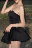 Tineit Chic Strapless Black Satin Short Prom Dresses Layered Black Homecoming Dresses (PRE-ORDER)