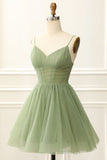 Tineit Chic Straps Pleated A-line Sage Green Homecoming Dress (PRE-ORDER)